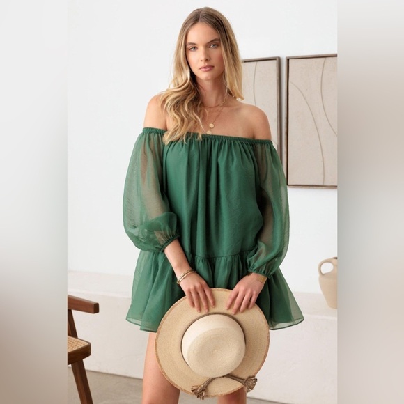 NWT-Organza Long Off Shoulder Wide Sleeve Mini Dress - Picture 4 of 7